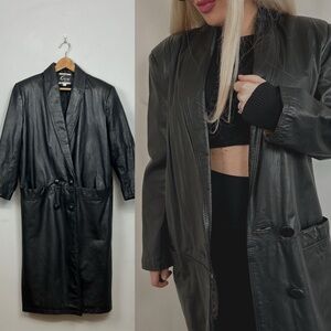 VTG G-lll Black Leather Trench Coat Duster Sz M